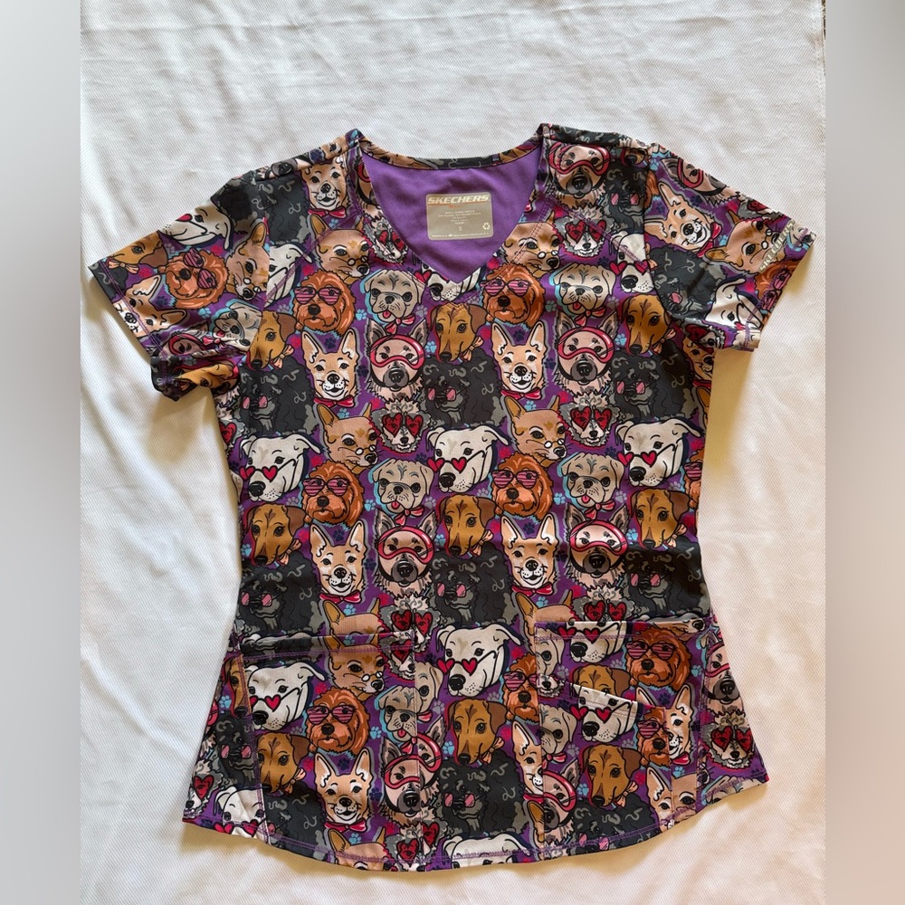 Skechers Multicolor Dog Pattern Scrub Top, Women’s Small